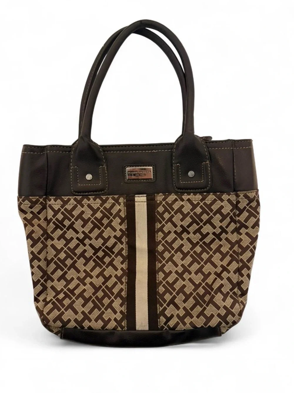 Tommy Hilfiger Brown and Cream Signature Pattern Tote